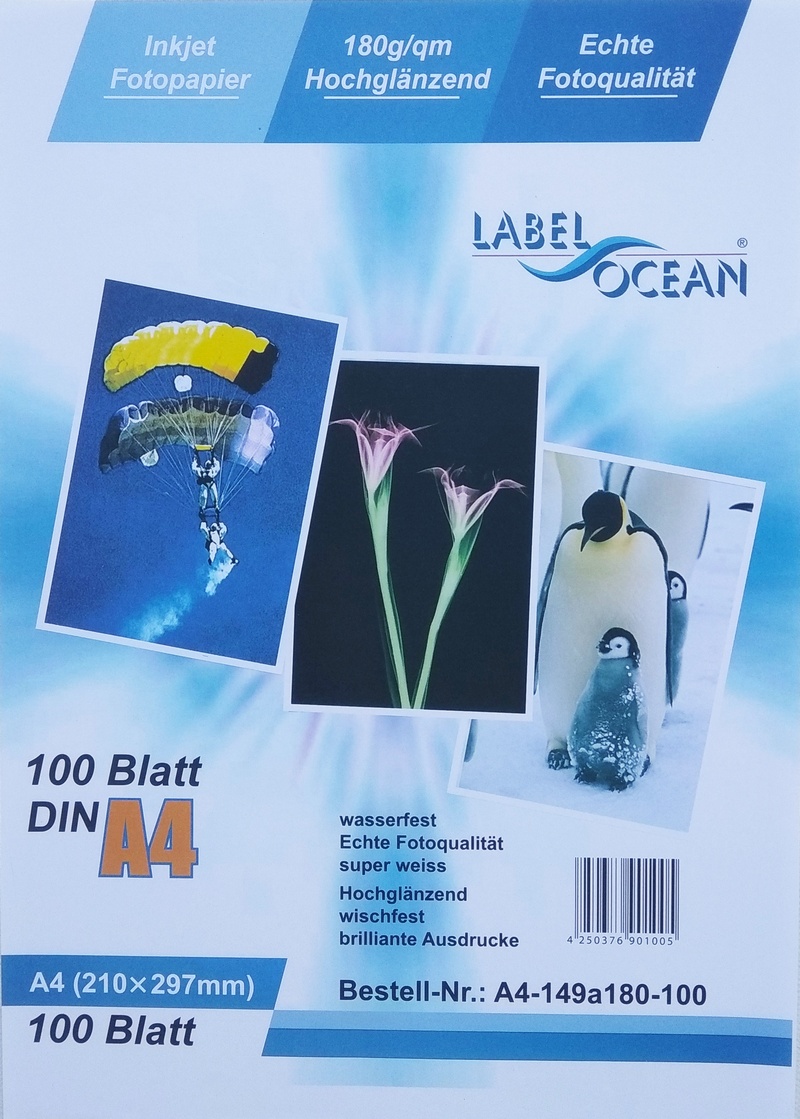 Fotopapír A4 180g, m2, 100 listů, lesklý jednostranný Label Ocean